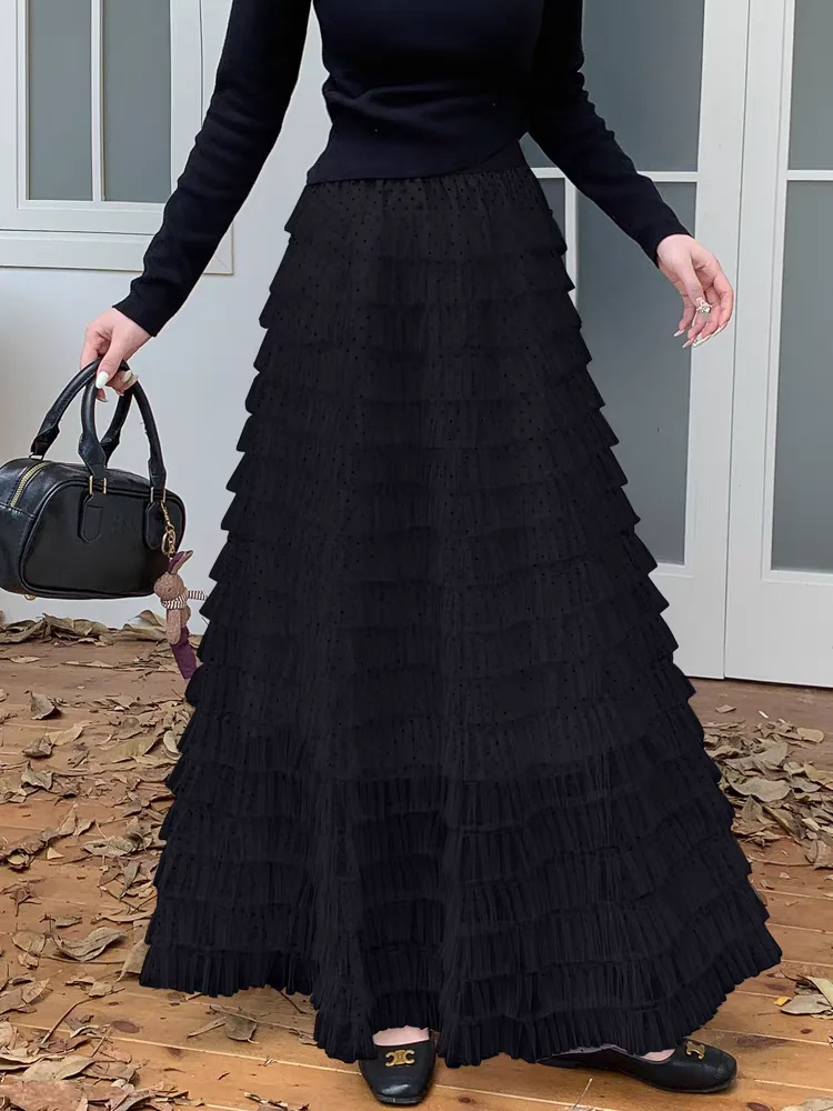 秋のティアードチュールポルカドットマキシスカートレディースハイウエスト流れるようなフレアスカート、伸縮性ウエスト、痩身Aラインシルエット