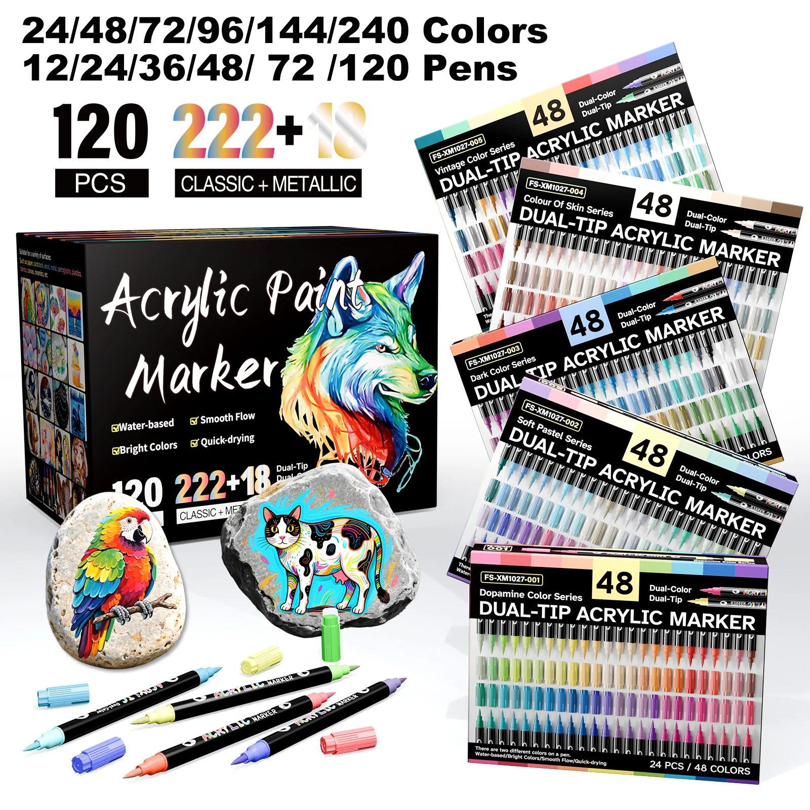 24/48/72/96/144/240 Colors Acrylic Paint Markers, Dual Tips Dual Color for Rock Painting Canvas Glass Ceramic Plastic Soft Brush