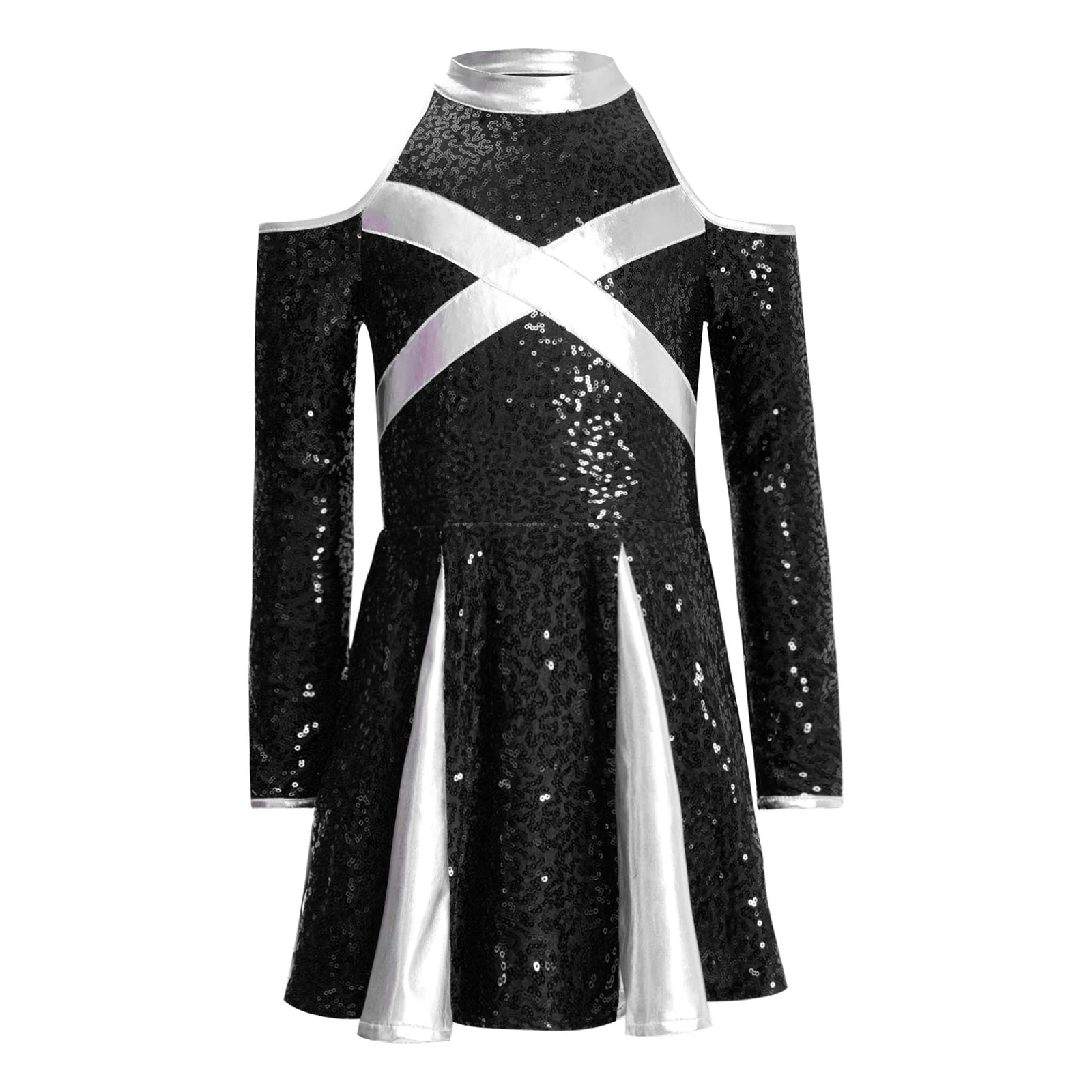 Competition Cheer Outfit for Girls Sparkling Sequin Keyhole Back And Cold Shoulder Sleeves Dress for Lyrical Dance Performance