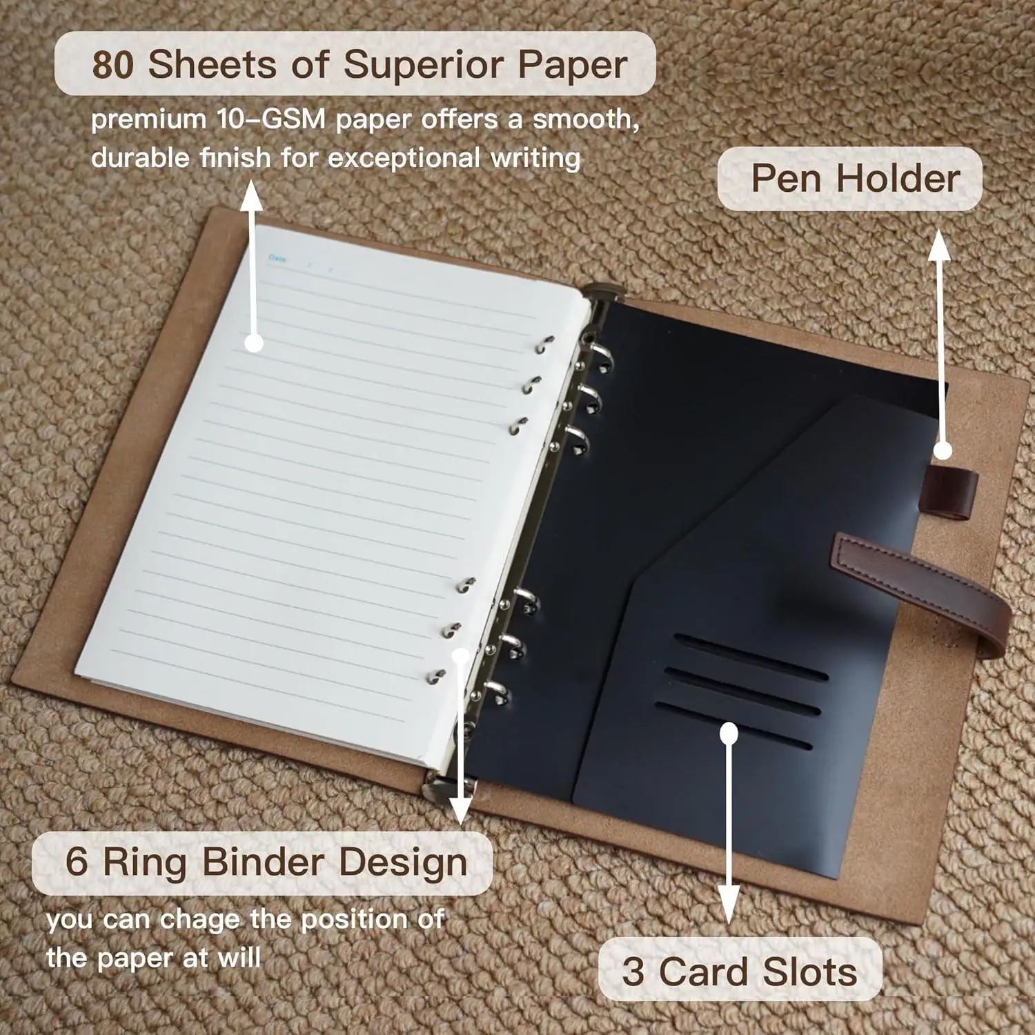 New Refillable A5 PU Leather Binder Notebook with 6-Ring Binder, 80 Pages Lined Paper & Pocket, for Writers Business Work Study