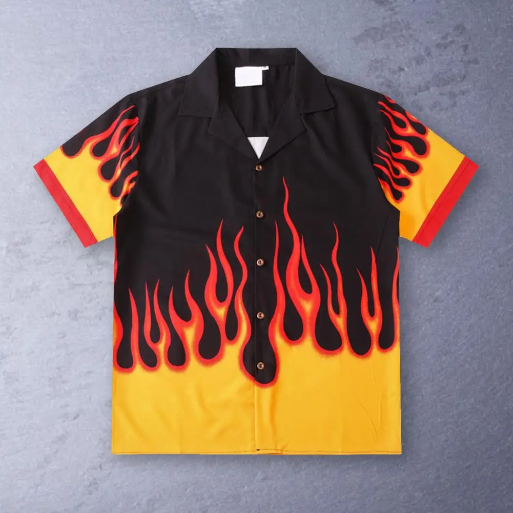 Summer Tops Young Style Men Shirt Short Sleeves Single-breasted  Trendy Fire Pattern Color Matching Men Tops