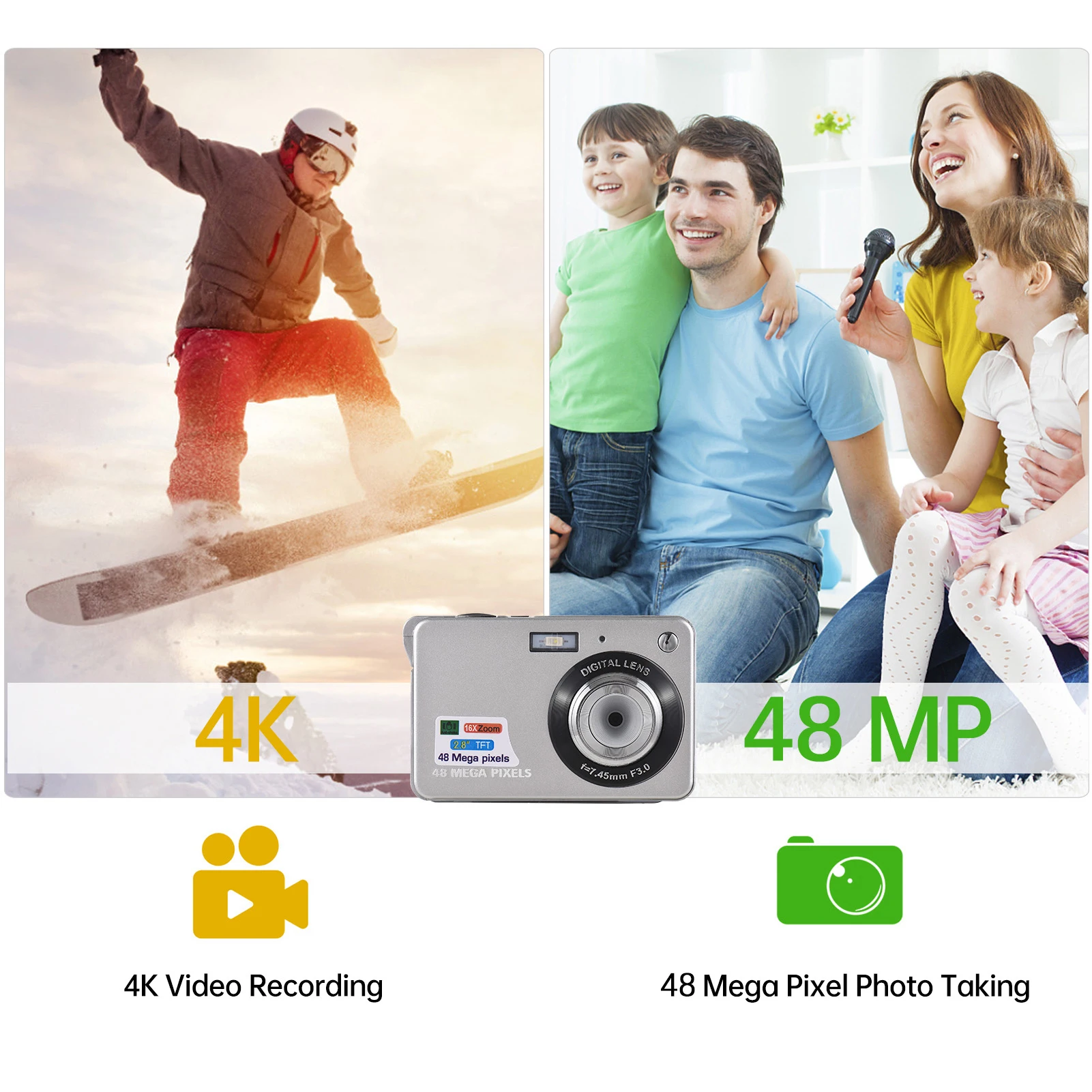 كاميرا رقمية 4K كاميرا فيديو كاميرا فيديو 48 ميجابكسل 2.8 بوصة شاشة TFT تركيز تلقائي 16X تكبير رقمي مضاد للاهتزاز كشف الوجه والابتسامة