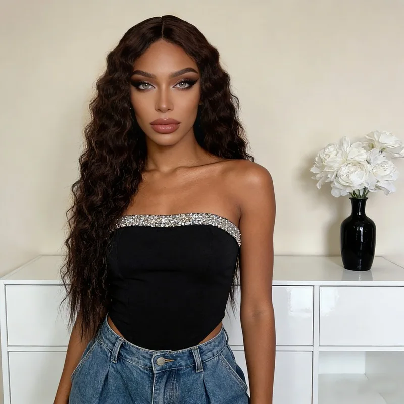 European and American style women's wig, African small curly hair, fashionable middle-parted long curly hair, corn perm syntheti