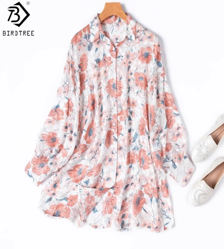 

BirdTree Summer 100% Mulberry Silk Printing Shirt,Woman Semi Perspective Sun Protective Large Loose Blouse,2025 New T56004JF