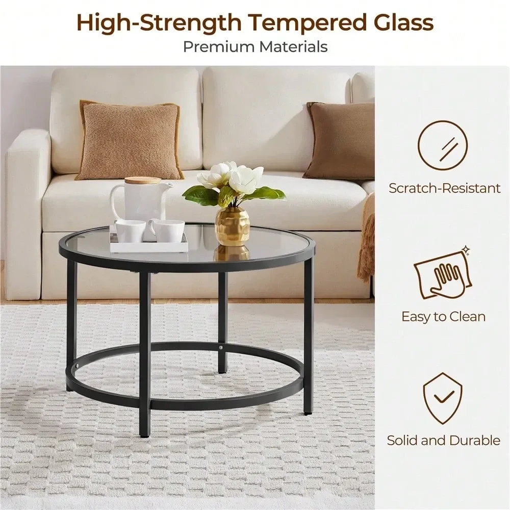 

Современный круглый журнальный столик (1 шт.) с 28-дюймовой столешницей из закаленного стекла, прочной железной рамой, устойчивый к царапинам, легко чистится, с регулируемыми ножками.