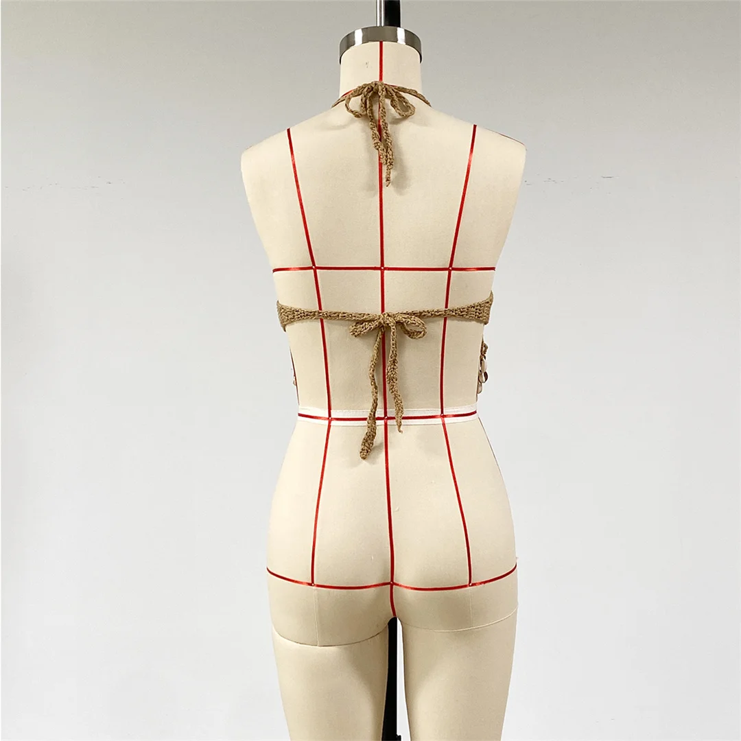 Sexy Quasten, ausgehöhltes, gehäkeltes, gestricktes Bikini-Oberteil, Strand-Überwurf, Strandkleid, Strandbekleidung, Damen V8427 – Detail 8