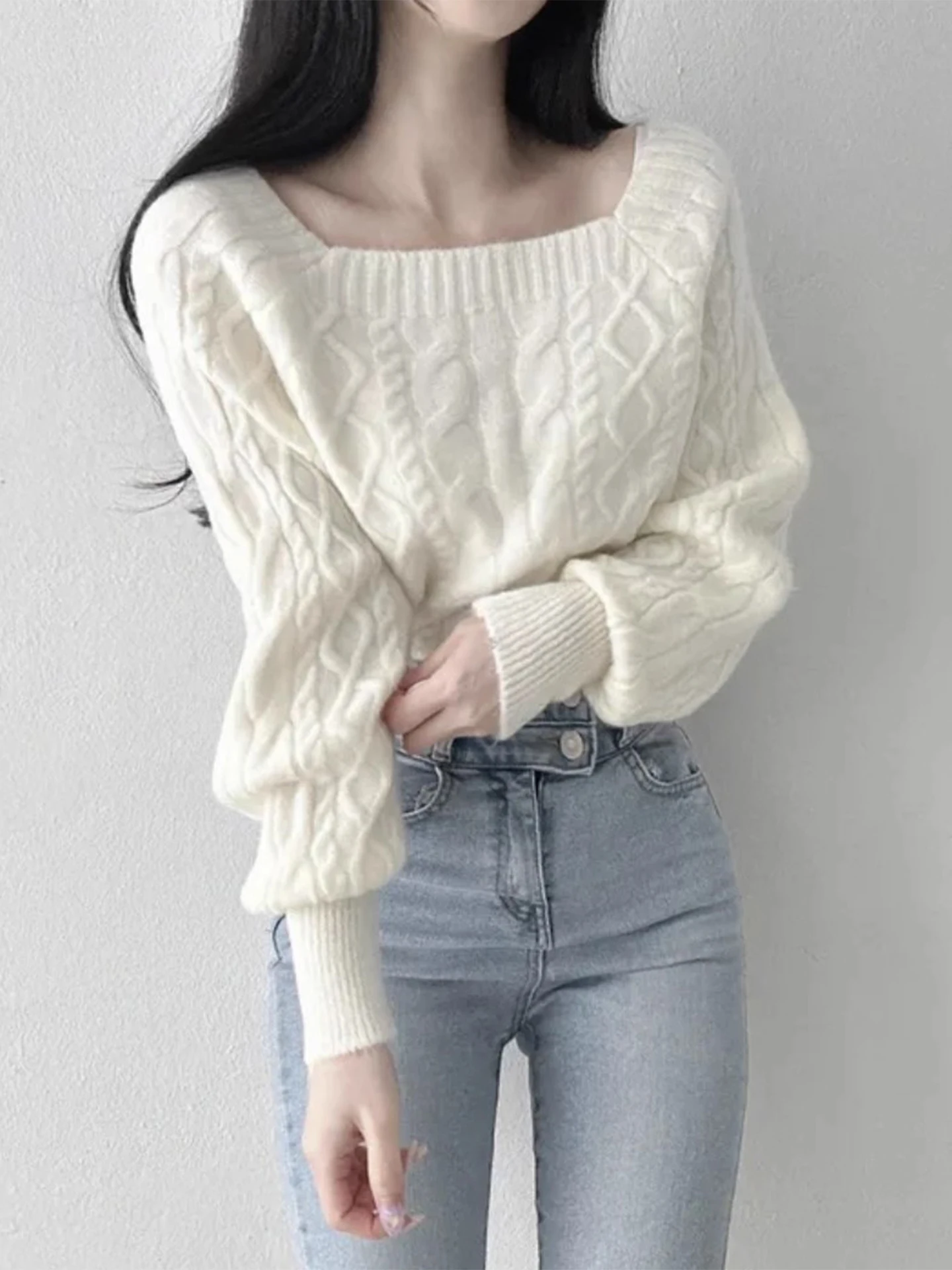 Chic automne hiver Thiened Long Sve tricoté pull femmes Faion rétro col carré torsion fil décontracté haut confortable