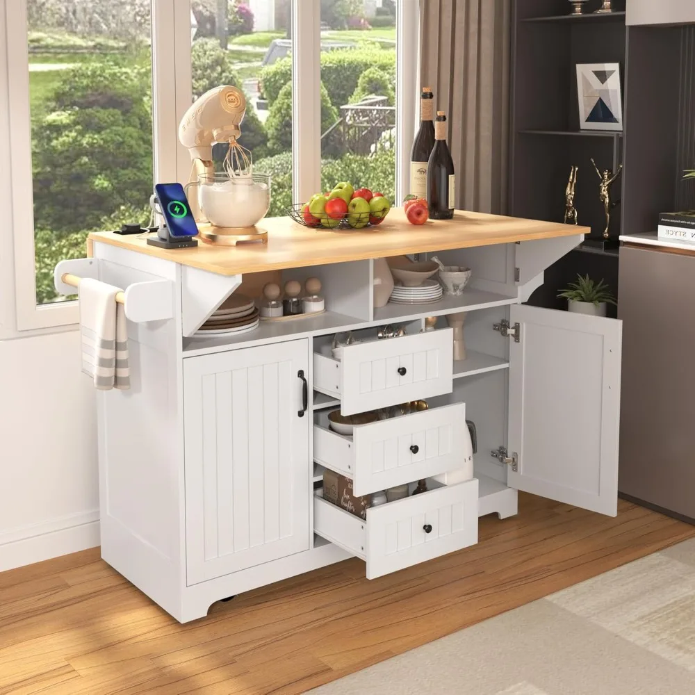 

Large Kitchen Island with 2 Drop Leaf, Rolling Kitchen Cart on 5 Wheels with Power Outlet, Folding Storage Dining Table with