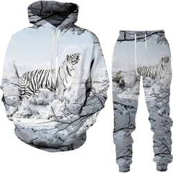 Men's Hoodies Sweatshirts Pants Suits White Tiger Graphic 3D Print Man Women Tracksuit Outfits Fashion Men's Clothing 2Pcs Sets