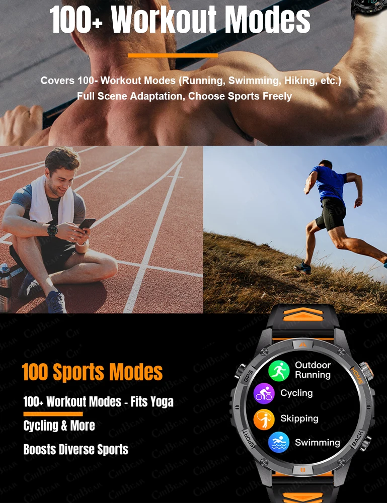 المدمج في نظام تحديد المواقع العسكرية في الهواء الطلق ساعة ذكية الرجال 580mAh بطارية البوصلة BT دعوة مصباح ليد جيب معدل ضربات القلب مقاوم للماء Smartwatch رجل