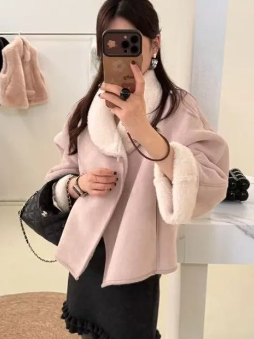 معطف فروي نسائي أنيق بتصميم كلاسيكي دافئ من الجلد والفرو وياقة كورية من ألياف البوليستر ملابس خارجية شتوية