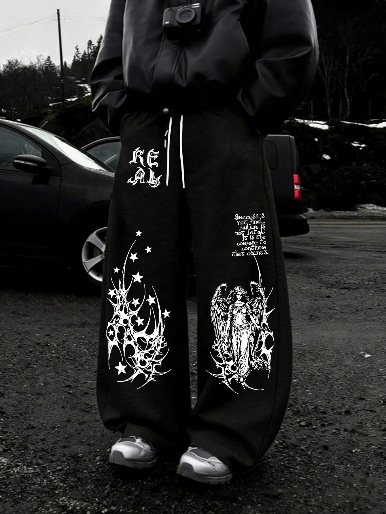 Y2K Gothic Men Baggy Pants, Retro Angel Figure REAL Script Star Thorn Slogan Double‑Side Graphic Drawstring Loose WideLooseBaggy