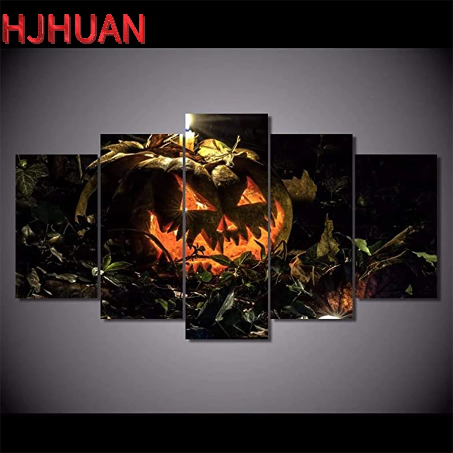 

5pcs diamond painting Halloween decoration, scary pumpkin lantern rhinestone mosaic cross stitch full square round drill decor