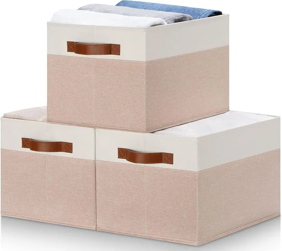 

Large Fabric Storage Bins, Foldable Fabric Storage Baskets for Shelves, Sturdy Storage Boxes with PU Handles for Organizing Clos