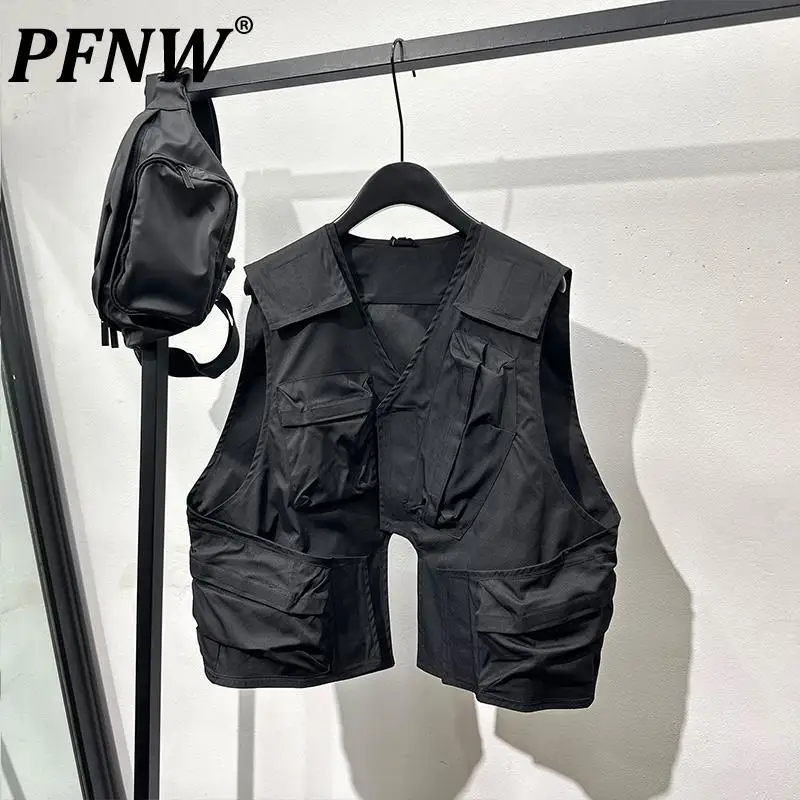 PFNW Japanese Style Workwear Sleeveless Black Vest For Men Trendy 2024 New Multi Pocket Loose Irregular Waistcoat Tide 12C1751