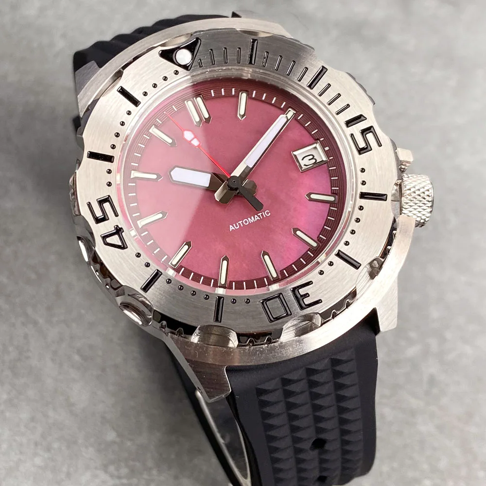 Tandorio 42mm New Rose Red Mother of pearl Shell Dial Sapphire Glass 200m Waterproof NH35A Movement Diving Monster Watches Men