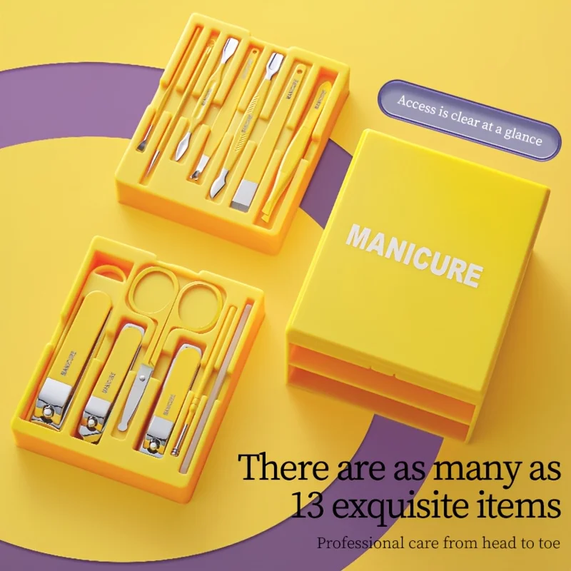 

Makeup Drawer Mirror Design 13pcs Classic Stainless Steel Nail Care Set with Concave Blade, Unscented Fingernail Clippers and Fi