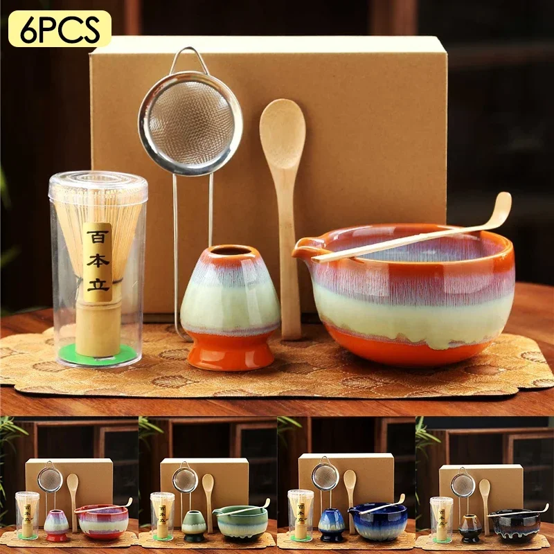 6PCS Japanese Style Matcha Making Starter Kit with Ceramic Bowls Cup Whisk Holder Bamboo Whisk Sifter Spoon for Tea Lovers