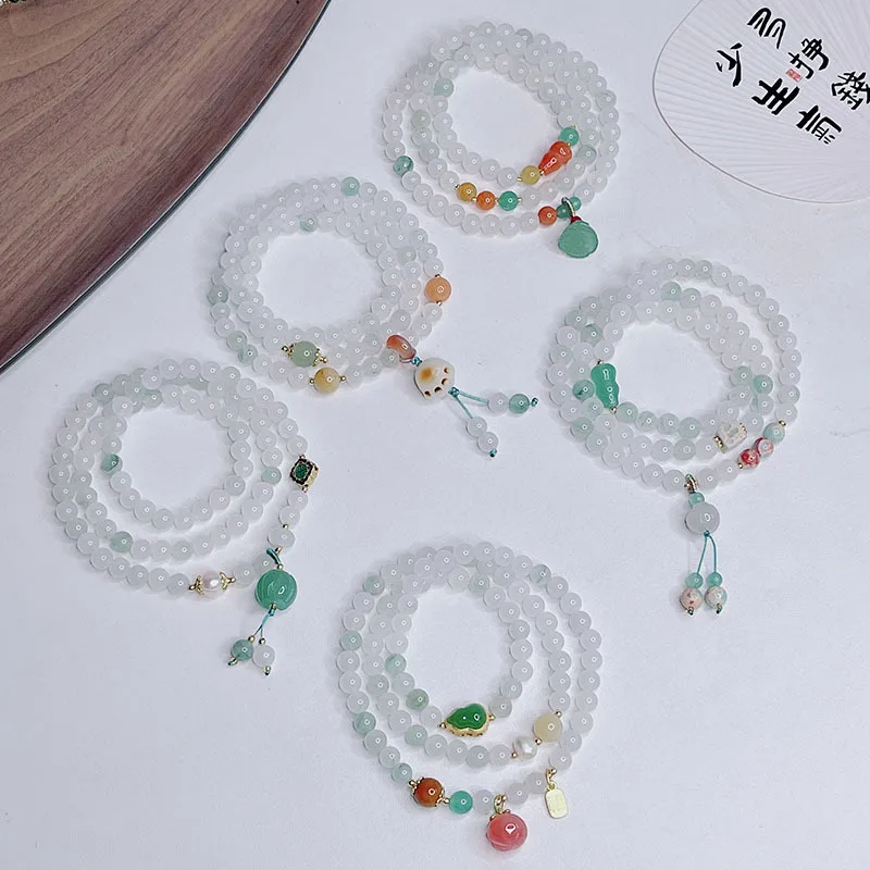 New Chinese Ancient Style Three-Circle Tianshan Green Bracelet Female Green Dongling Lotus Seedpod Pumpkin Yanyuan Agate Peach P