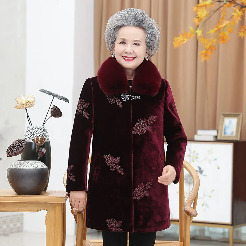 Old People Winter Woolen Jacket Long Coat 5XL Women\'s Warm Outerwear Grandma Thicken Sheep Shearing Fur Coats W1764