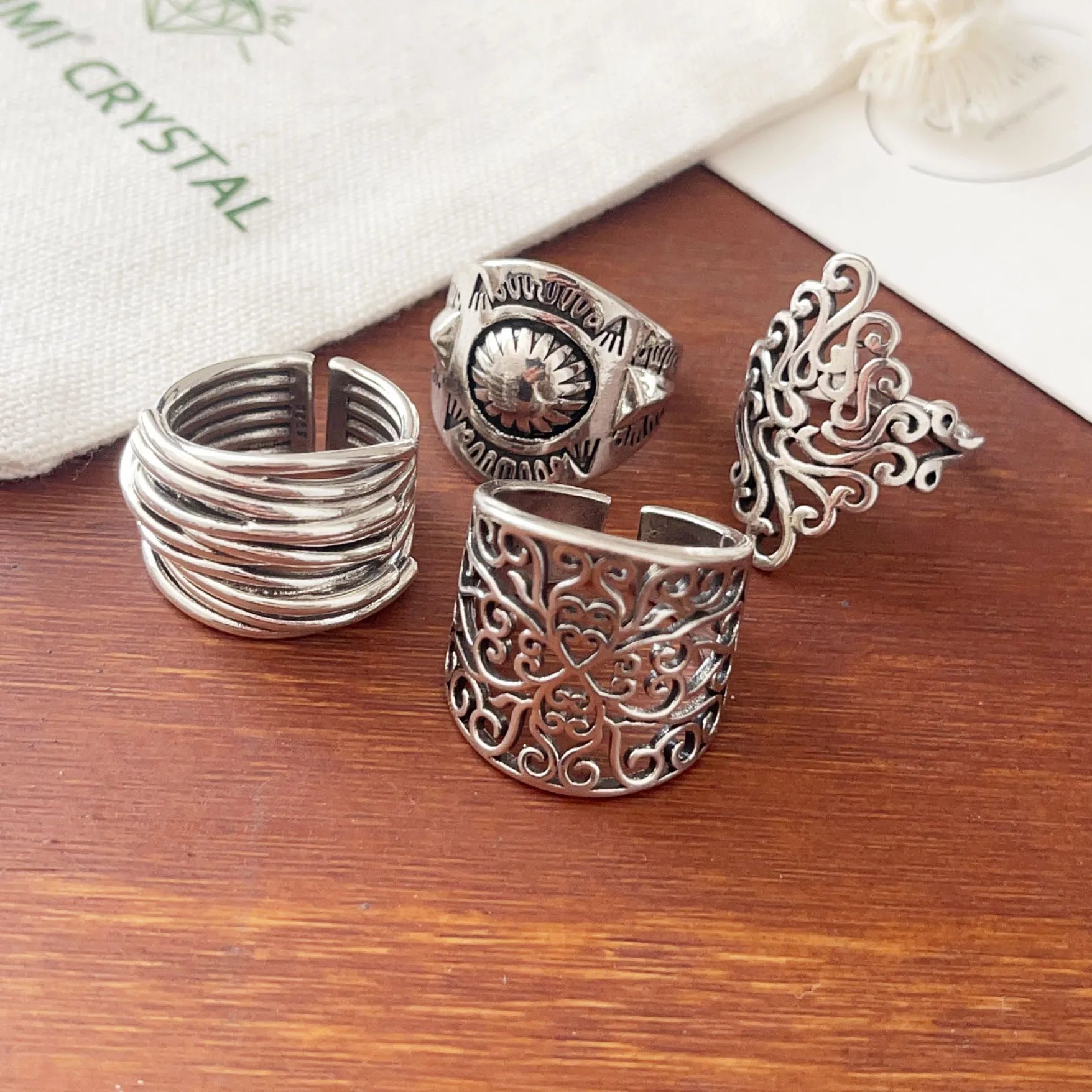 925 Sterling Silver Rings For Women Geometric Fine Jewelry Finger Adjustable Retro Flower Hollow Ring For Party Birthday Gift gallery 2