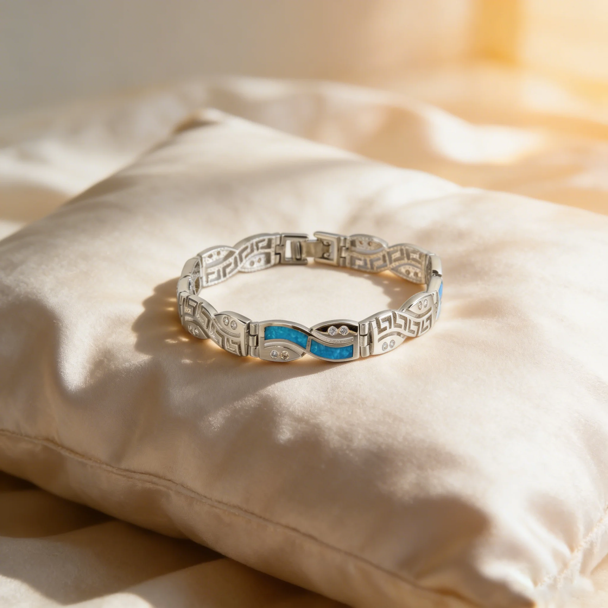 Blue Opal Inlay Bracelet with Greek Key Pattern – Vibrant Blue Gemstone Geometric Statement Band for Women Perfect Gift for Her