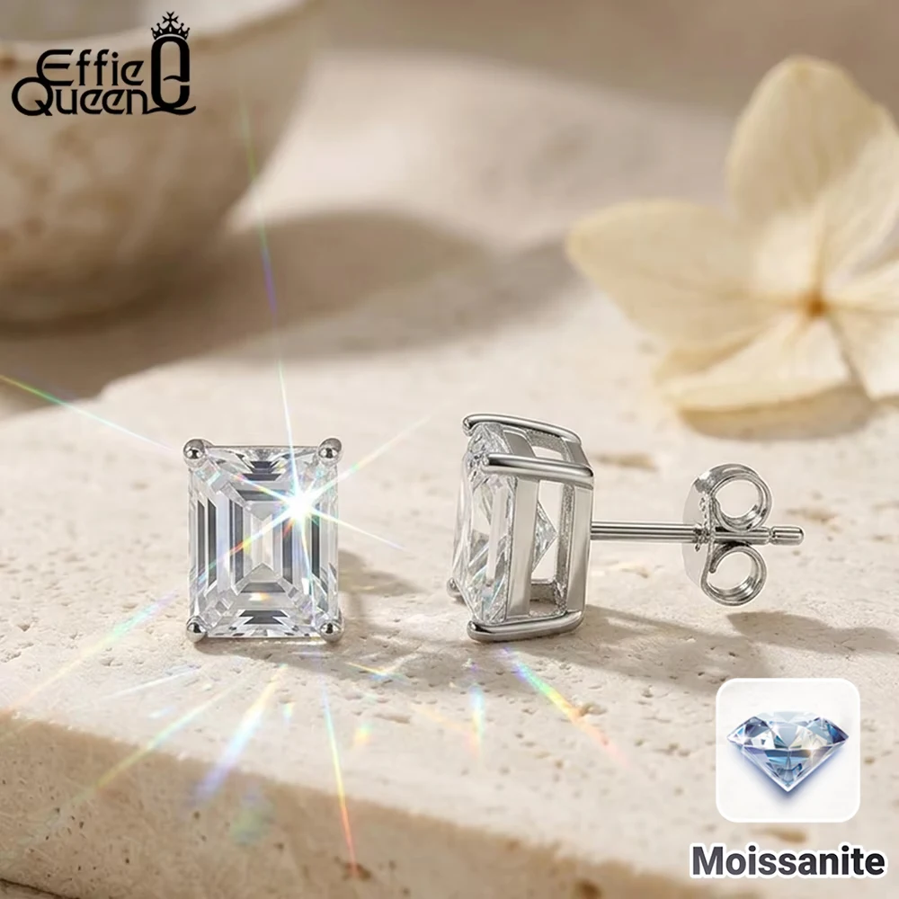 Effie Queen 100% 925 Sterling Silver 4 CT Square Cut D Color Real GRA Moissanite Diamonds Studs Earrings Ins Fine Jewelry MOE06