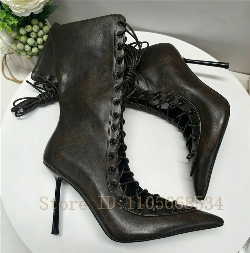 Pointed Toe Hollow Out Cross Strap High Heel Ankle Booties Women Fashion Side Zipper Stiletto Short Boots for Party Dating Wear