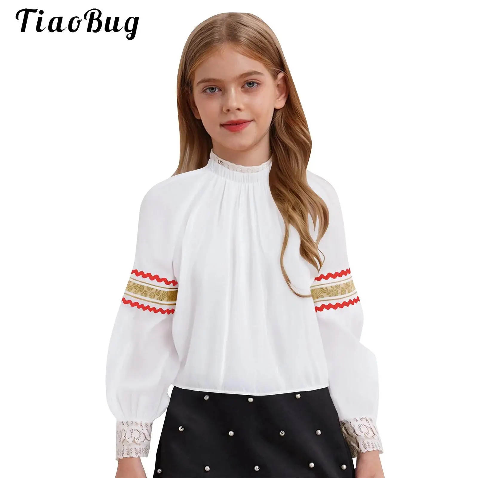 

Girls Russian Costume Carnival Party Traditional Blouses Top for Halloween New Year Dress Up Long Sleeve Lace Cuffs Undershirt
