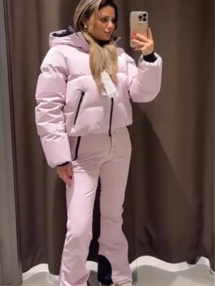 

HH Winter Women 2026 Fashion Long Sleeve Zipper Hooded Skiing Cotton-padded Drawstring Jacket+Pocket High Waist Casual Pant Set