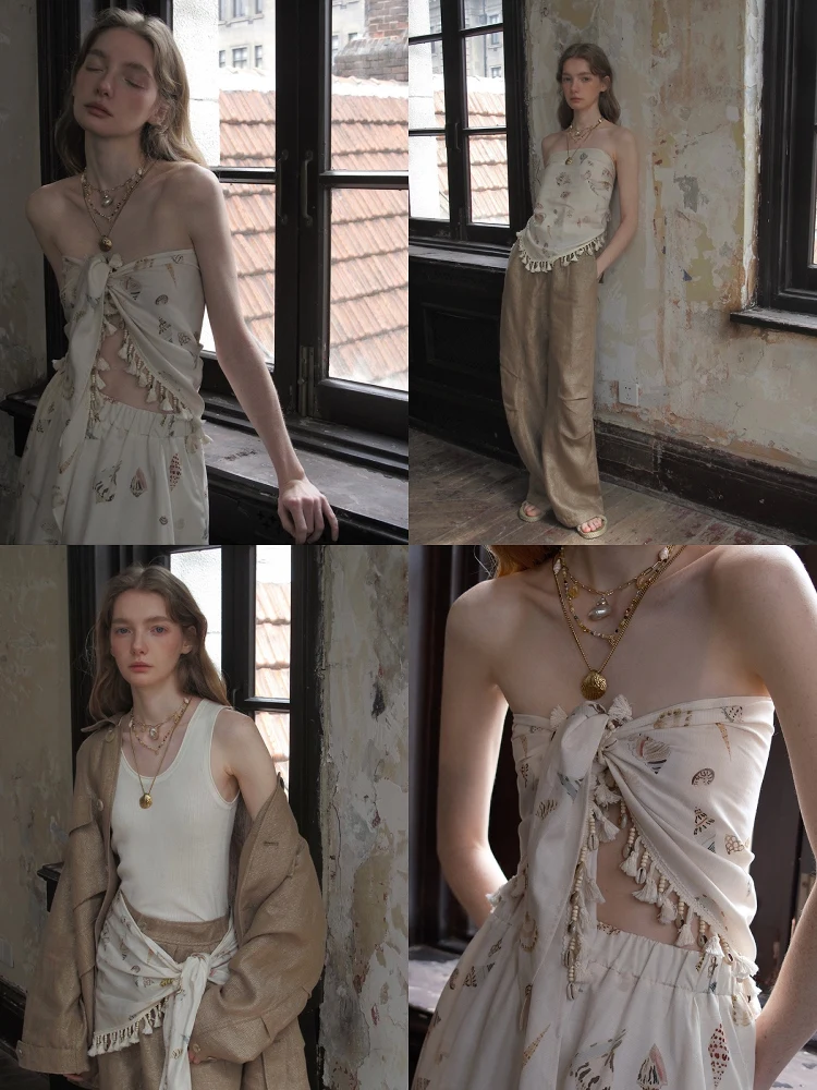 

Комплект Cariedo Ocean Print: льняные брюки с широкими штанинами и длинная рубашка с воротником-стойкой, женский модный костюм из двух предметов