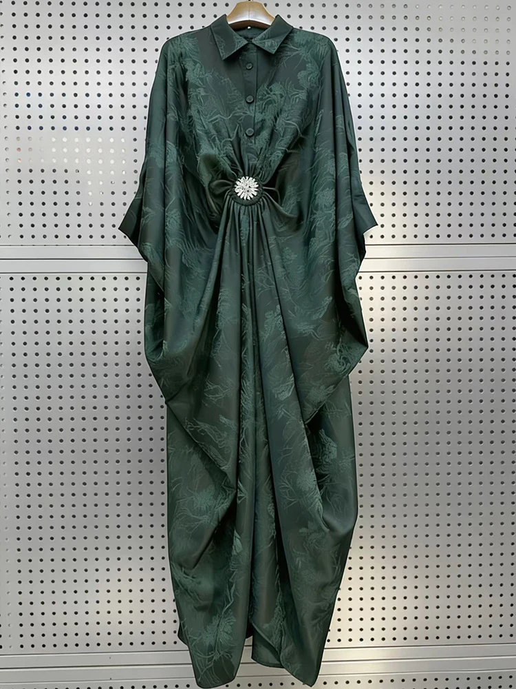 Designer Retro Batik-Druck Diamantknopf Plissee Revers Pullover Kleid Mode Locker Übergroßes Damen Unregelmäßiges Hemdkleid