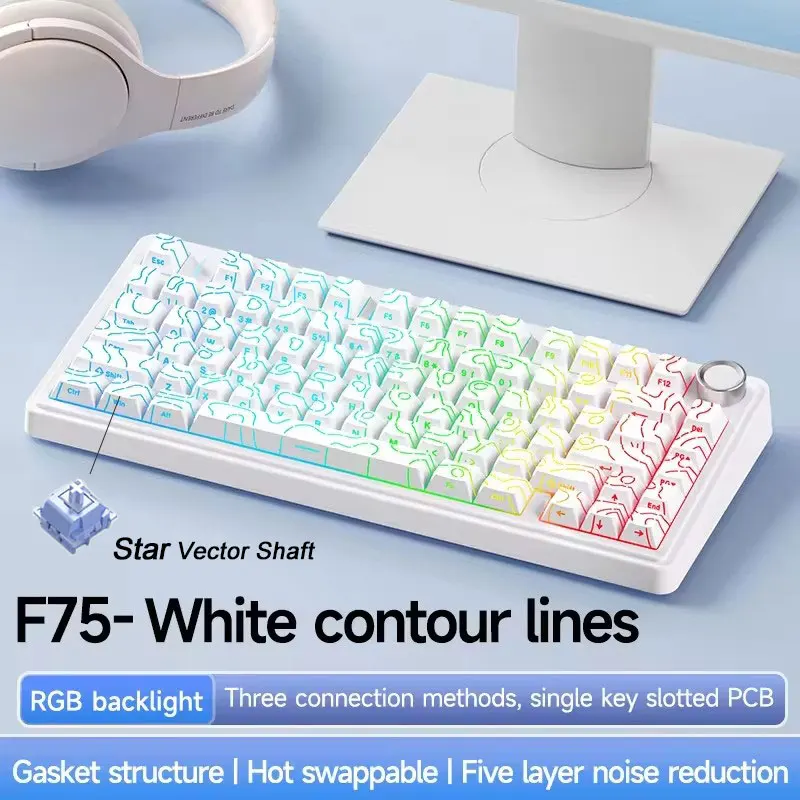 AULA F75 2.4G Draadloos/Bluetooth/Bedraad Gaming Mechanisch Toetsenbord RGB Aangepast 75% Layout OEM Profiel Gasket PC Game Toetsenbord