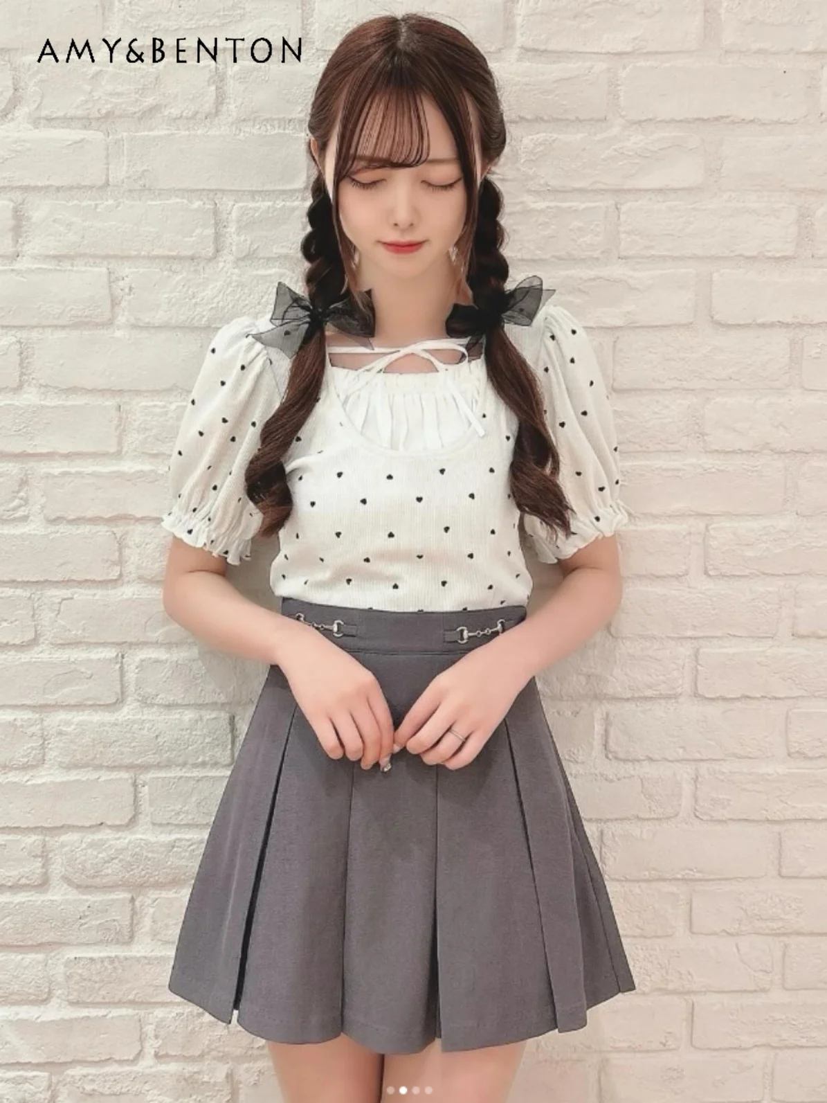 

Japanese Cute Puff Sleeve Stitching Lace-up Bow Tops Sweet Polka Dot Short Sleeve Knitted Top Summer Commute Style Women Clothes