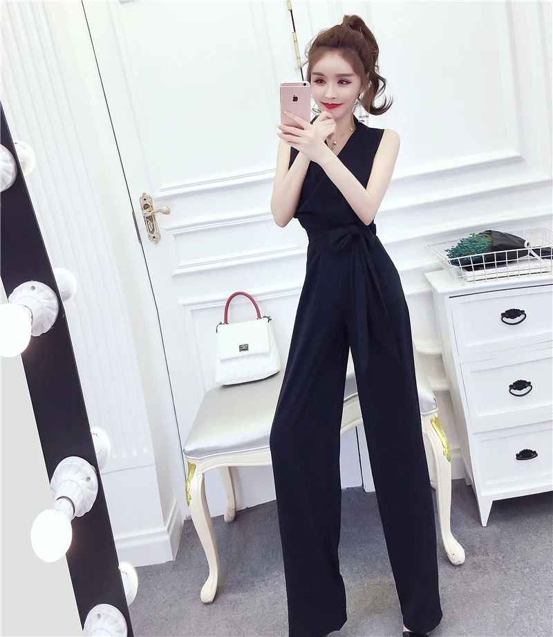 Women Jumpsuit Sleeveless V Neck Lace Up Bandage Slim Waist Striped Loose Wide Legs Casual Pants Romper High Streetwear