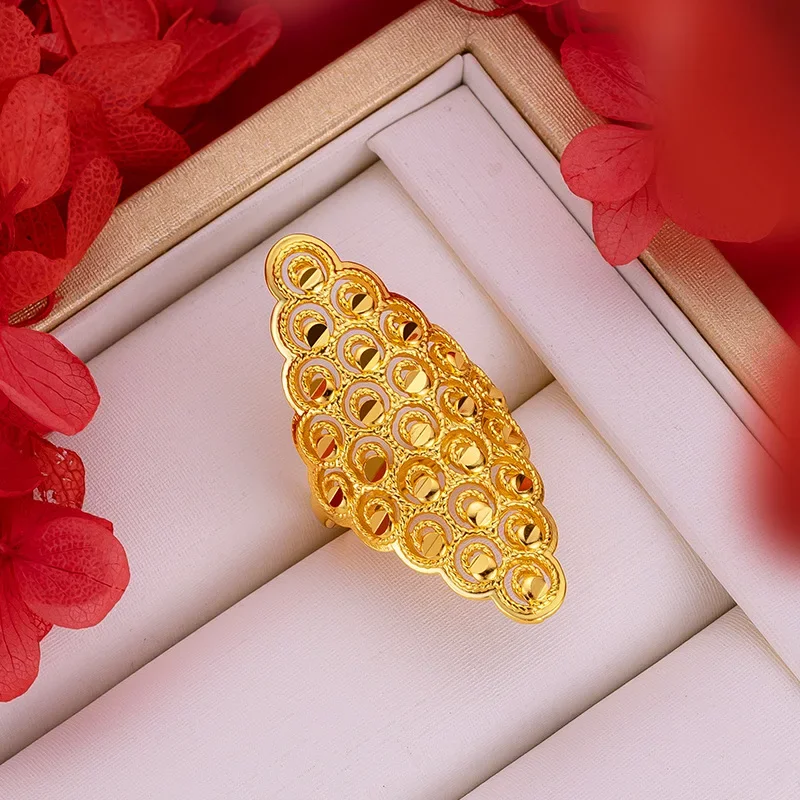 

9999 Real Gold 24K Hollow Exaggerated Women's Flower Big Ring Gold Women's Fashion Personality Index Finger Live Ring