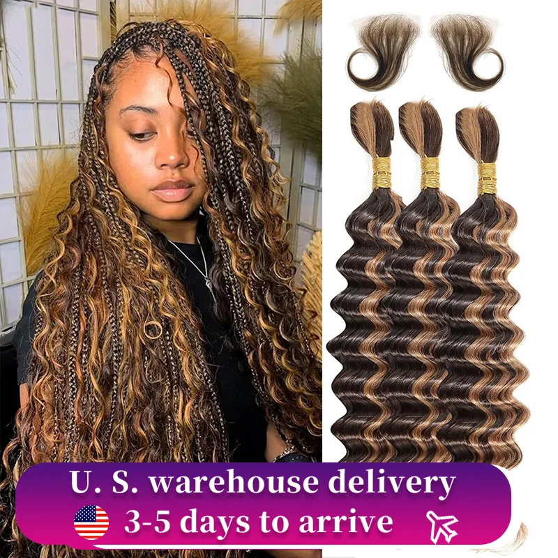 4/27 Color Deep Wave Bulk Human Hair for Braiding No Weft Virgin Hair Curly Human Braiding Hair Extensions for Boho Braids 3Pack