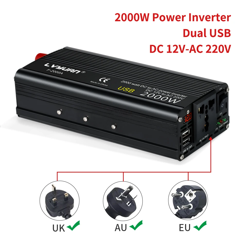 60Hz Car Inverter 1500W/2000W/2600W DC12V to AC220V Power Inversor Universal Socket Battery Adapter