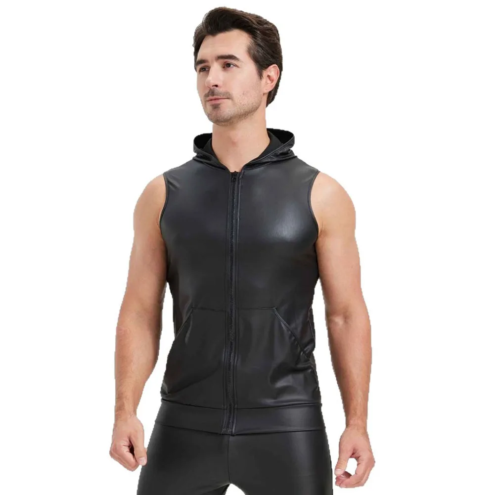 

Leotard Zipper Vest Men's Faux Leather Outfit Casual Wear Comfortable Stretch Fabric Holiday Outfit O-neck Design