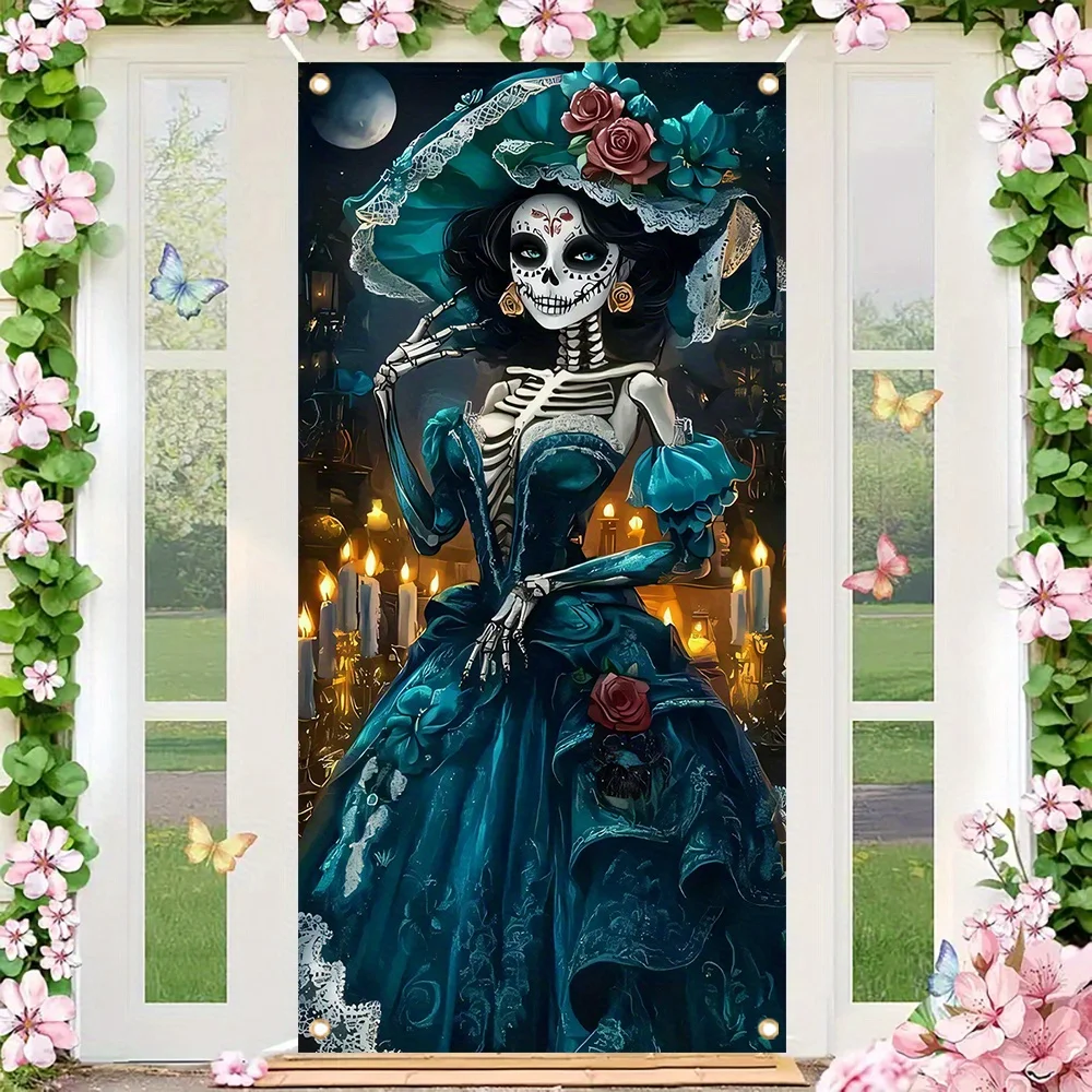 ستارة باب ثنائية الأبعاد ليوم الموتى المكسيكي: ديكور للسيدات من La Katrina Skeleton - فستان فيروزي، وردي ودانتيل