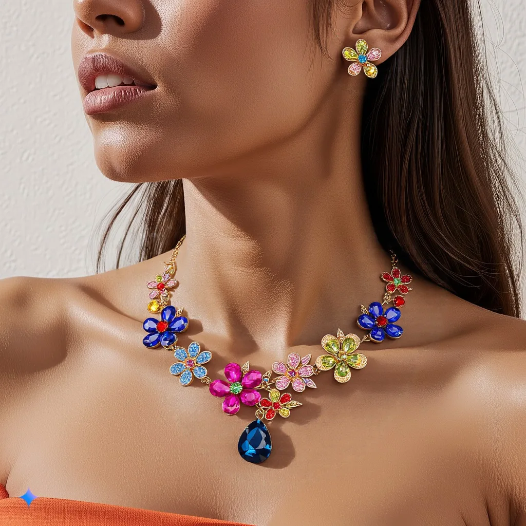 

European and American necklaces, earrings sets, women's cross-border jewelry, crystal water alloy bridal wedding jewelry, flower