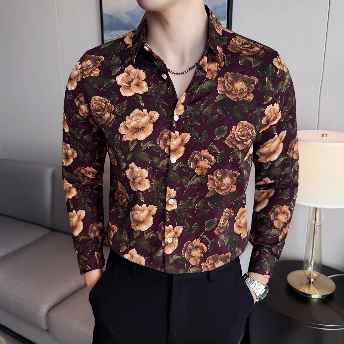 Trendy Floral Shirt Men Autumn Winter Long Sleeve Slim Fit Casual Shirts Social Nightclub Party Street Wear Shirt Men Clothing