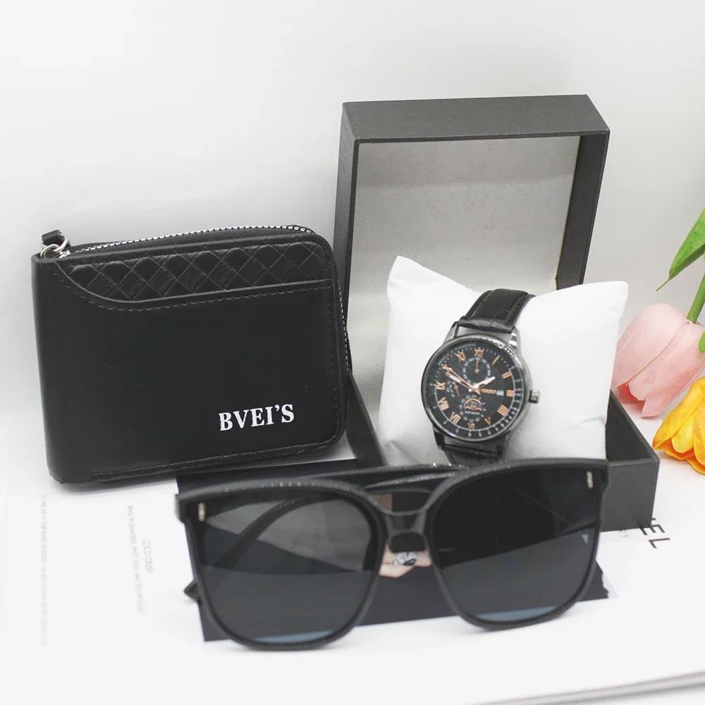 Relógio esportivo casual masculino, carteira de cavalheiro, óculos de sol portáteis para adolescente, esportes ao ar livre, conjunto 3 peças