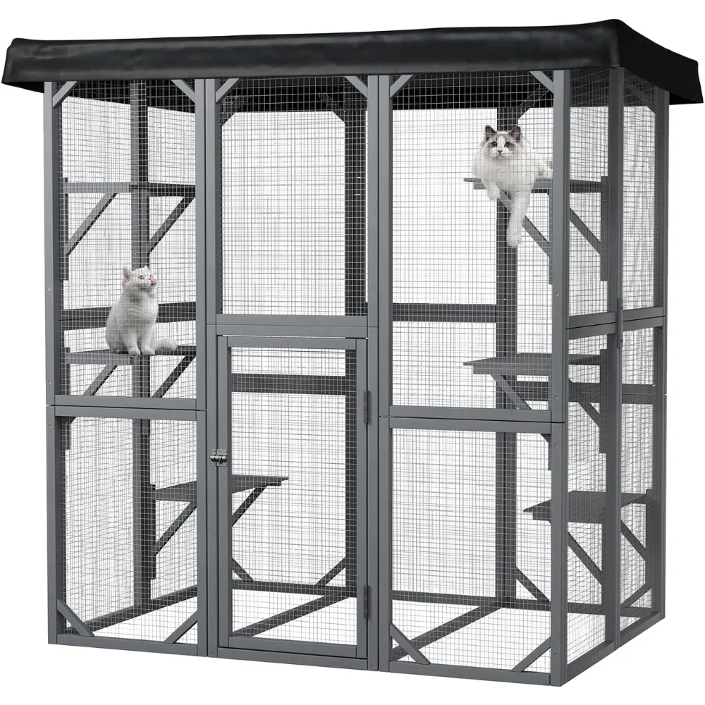 

Catio Outdoor Cat Enclosure, 71 Large Cat House for Multiple Cats with Waterproof Roof, 3 Tier Cat Cage with 6 Platform
