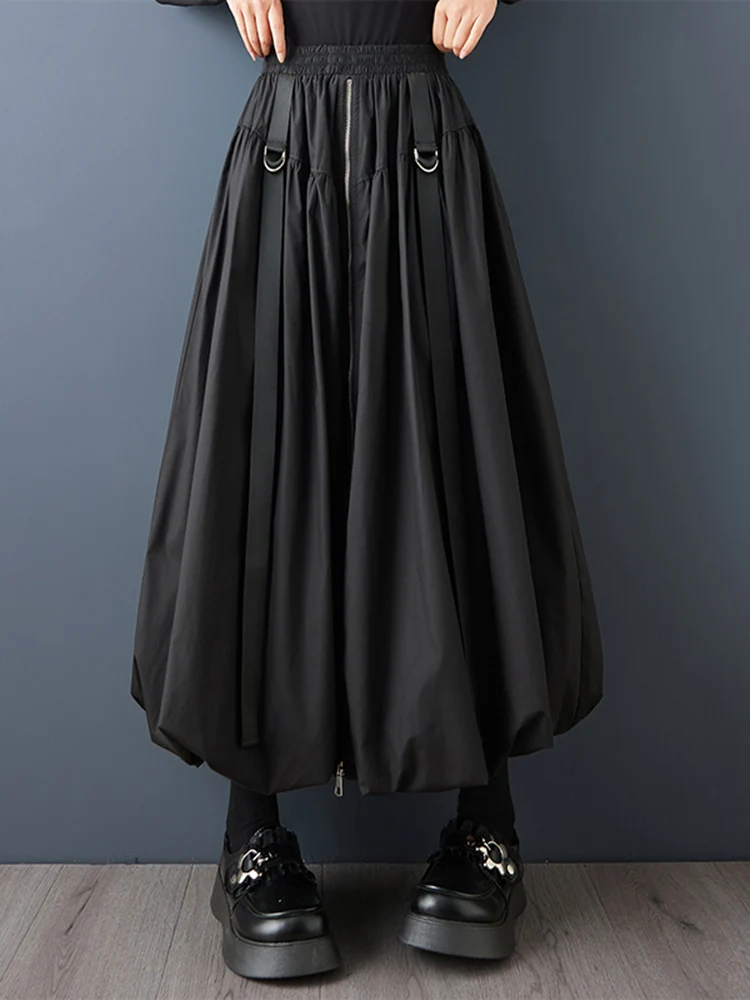 Black Vintage Zipper Pleated High Waist Skirt Women New Plus Size Fashion Loose Casual Long Skirts Clothes Sping Autumn 2026