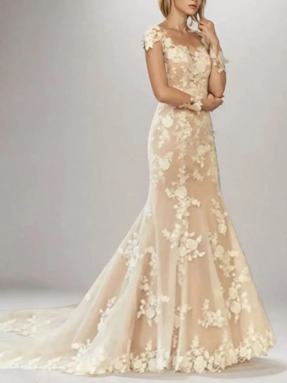 فساتين زفاف رسمية مثيرة حورية البحر عصرية دانتيل كم طويل مزينة برقبة وهمية ذيل محكمة فستان زفاف 2025 مخصص مجاني