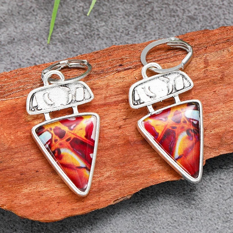 Vintage Silver Color Triangle Enamel Drop Earrings for Women Tribal Red Orange Painting Pattern Statement Earrings Party Jewelry