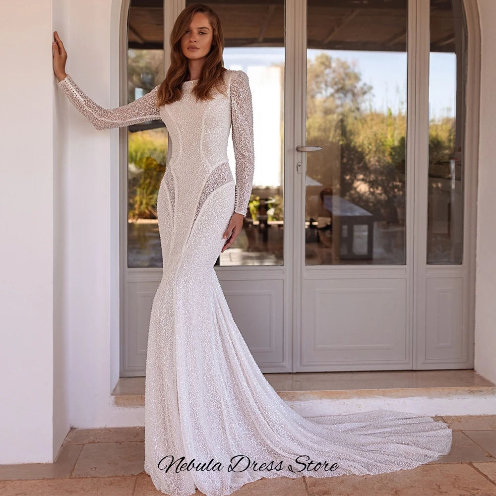 حالمة تول مخصصة فيستدو دي نوفيا جودة عالية اللؤلؤ حورية البحر ثوب الزفاف أزياء طويلة الأكمام قطار المحكمة فستان الزفاف