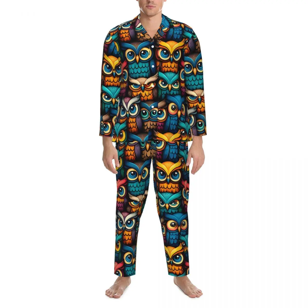 Colorful Bold Owl Sleepwear Spring Cartoon Animal Aesthetic Oversize Pajamas Set Man Long Sleeves Kawaii Daily Design Nightwear