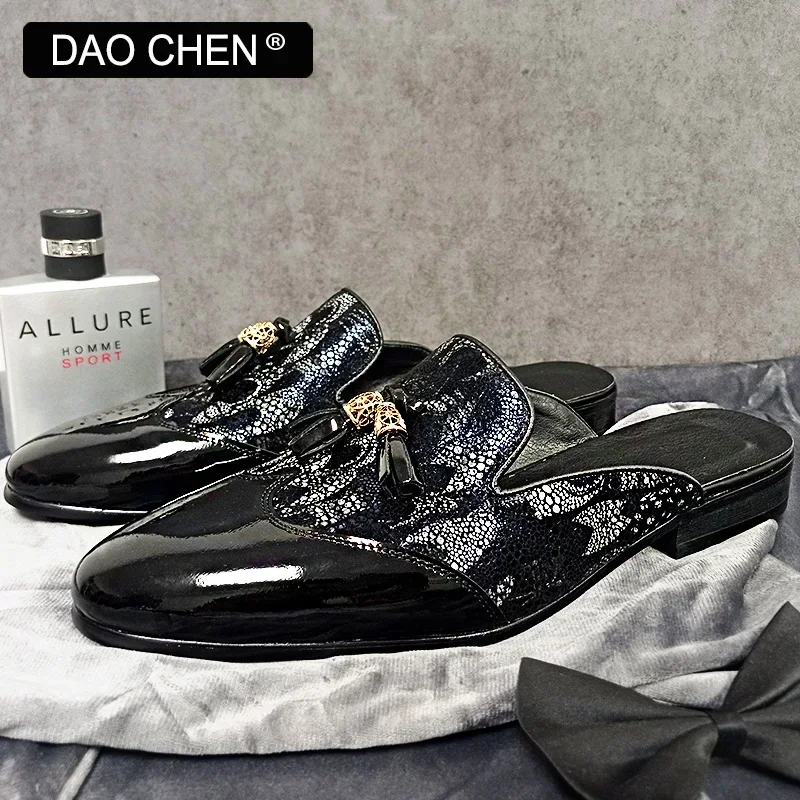 LUXURY BRAND MEN LEATHER SHOES BLACK BLUE FLOWER FIGURES CASUAL MENS DRESS SHOES SUMMER COMFORTABLE HALF SHOES FOR MEN